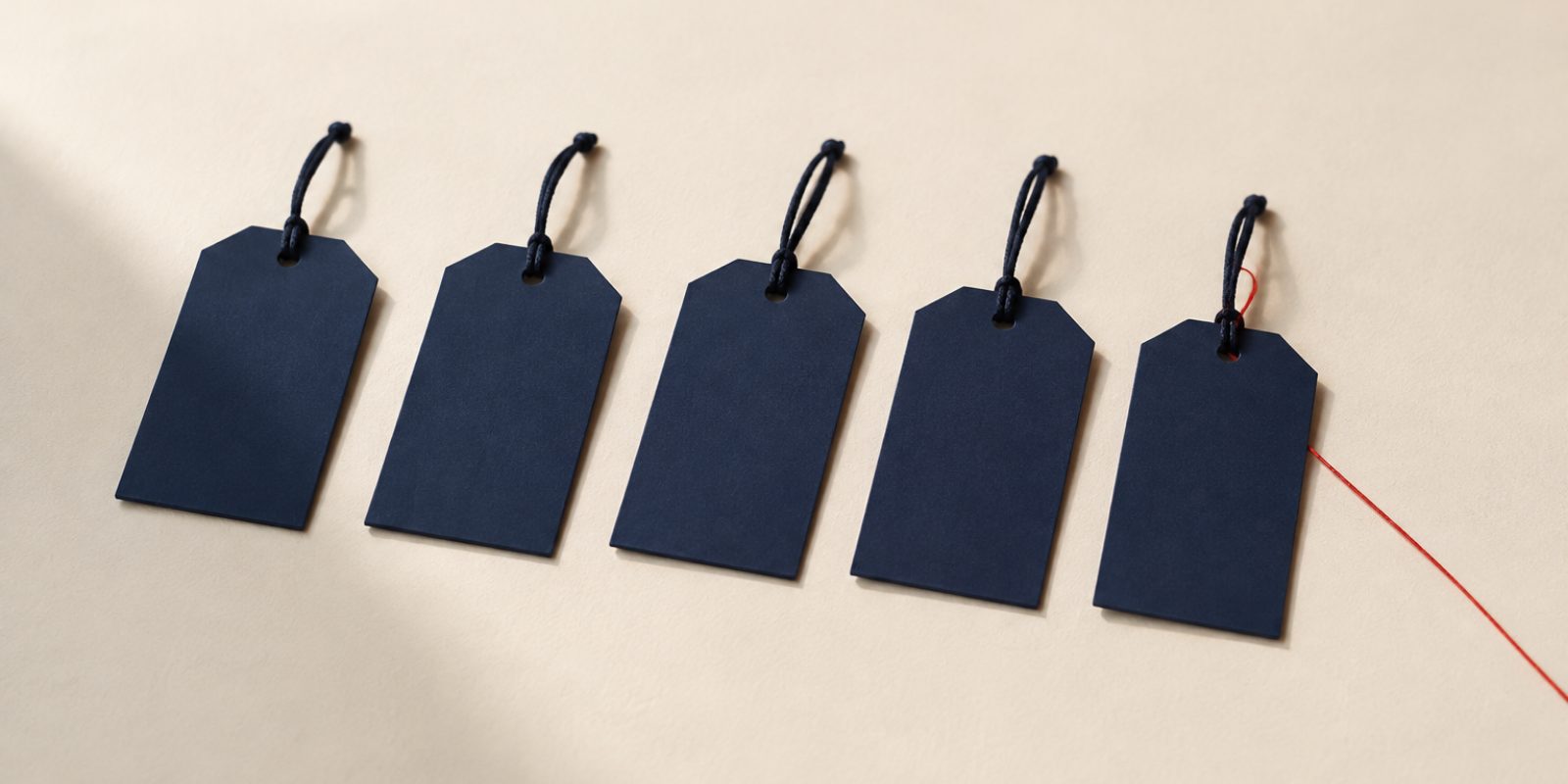 A photographic still life in the JobCraftly brand colours. Five identical blank deep-navy paper swing tags, each on a short loop of navy cord, lie in a diagonal row on a pale warm off-white surface. All five are face up and completely blank. From the cord of the last tag a single thin deep rust-red thread runs across the surface towards the bottom right edge of the frame.