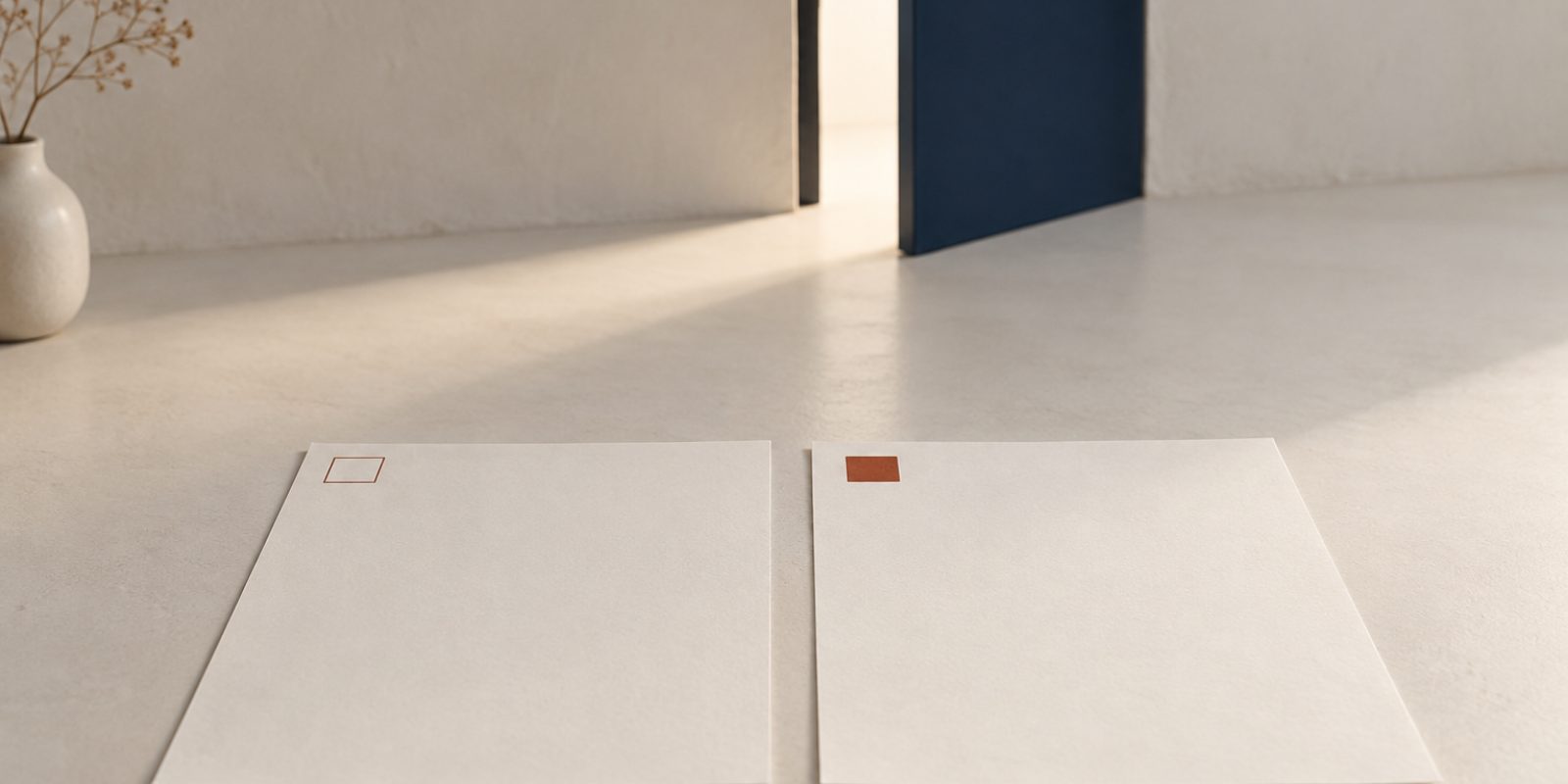 A photographic still life in the JobCraftly brand colours. Two identical blank sheets of pale off-white paper lie flat on a pale stone floor, each with one small square in its upper left corner, an empty rust-red outline on the left-hand sheet and a solid rust-red square on the right-hand one. Behind them a plain deep-navy door stands slightly open, with light falling through the gap onto the floor, and a small ceramic vase of dried stems at the left edge.