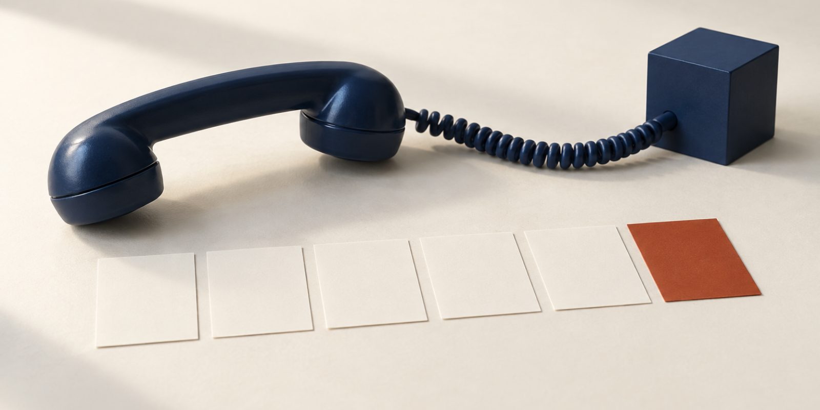 A photographic still life in the JobCraftly brand colours. A plain deep-navy telephone handset with no dial or buttons lies on a pale warm off-white surface, its coiled navy cord running to a small featureless deep-navy cube at the upper right. In front of them lies a straight row of six identical blank rectangular cards, five pale off-white and, at the right end of the row, one deep rust red.